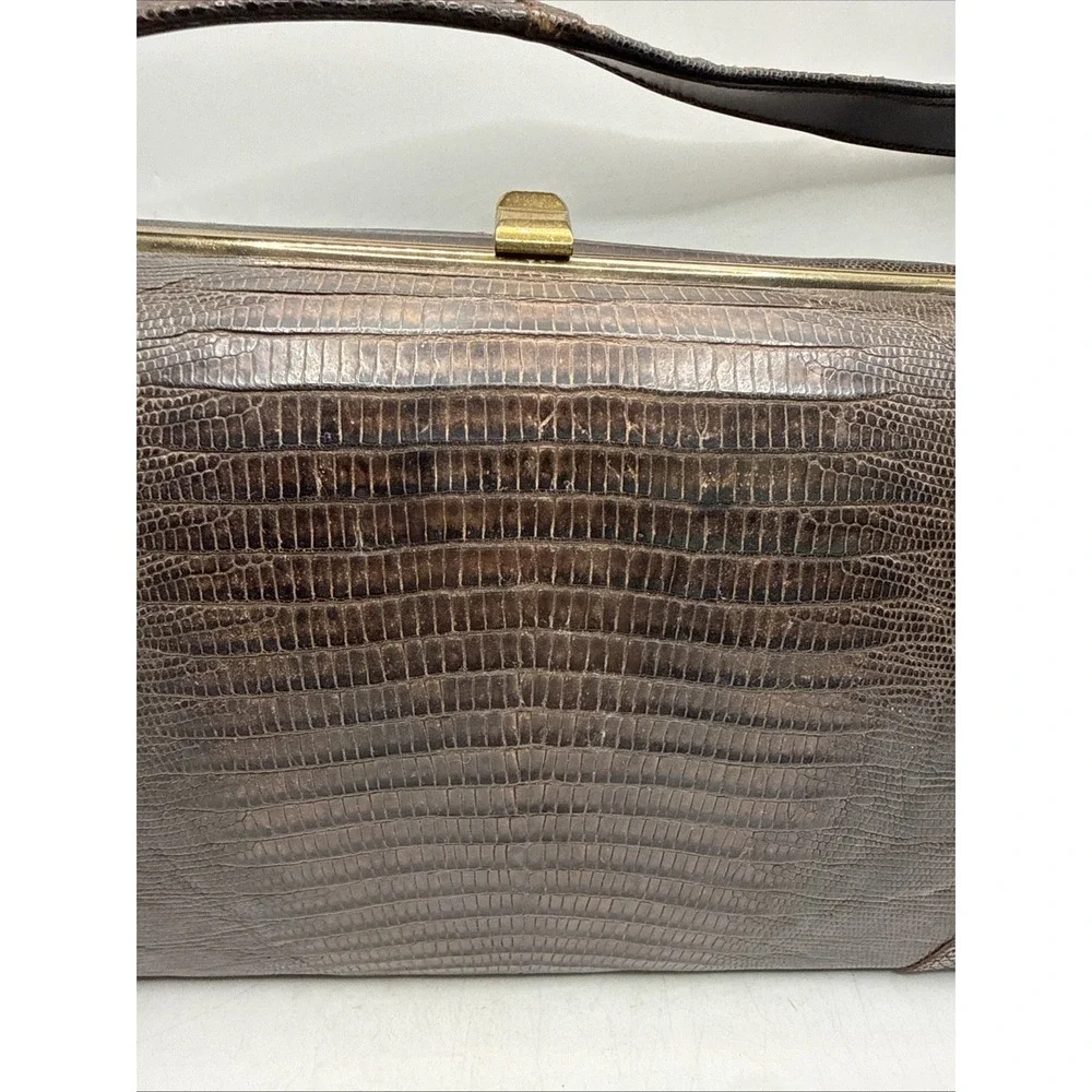 Vintage 1950's Alligator Lizard Brown Hand Bag Purse Gold Accents